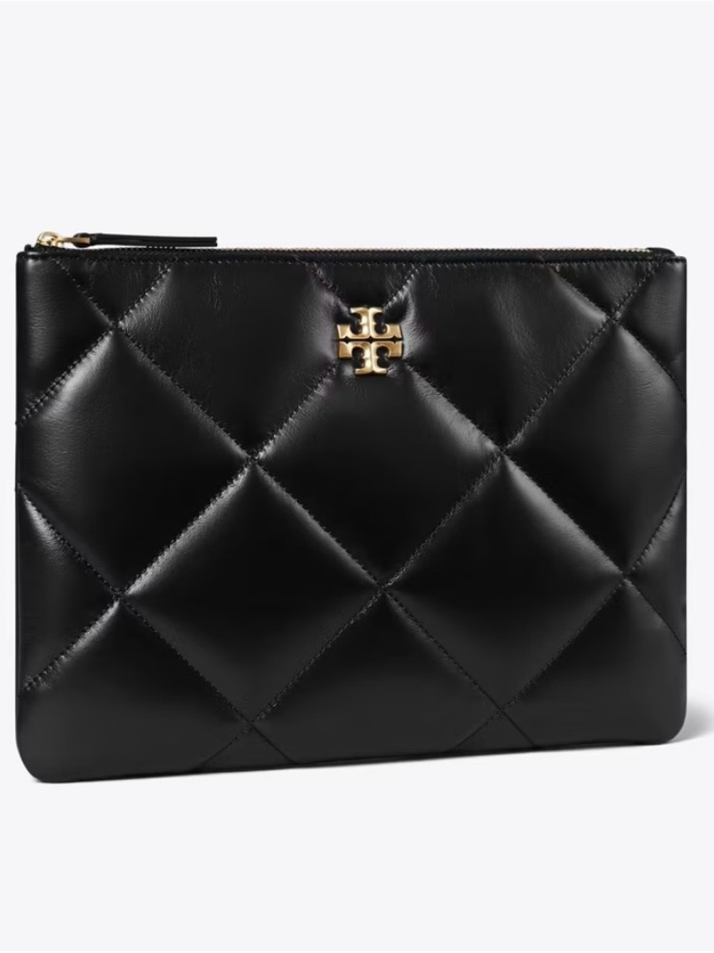 Tory Burch Kira Black Quilted Leather Wristlet Clutch Pouch with Gold Logo